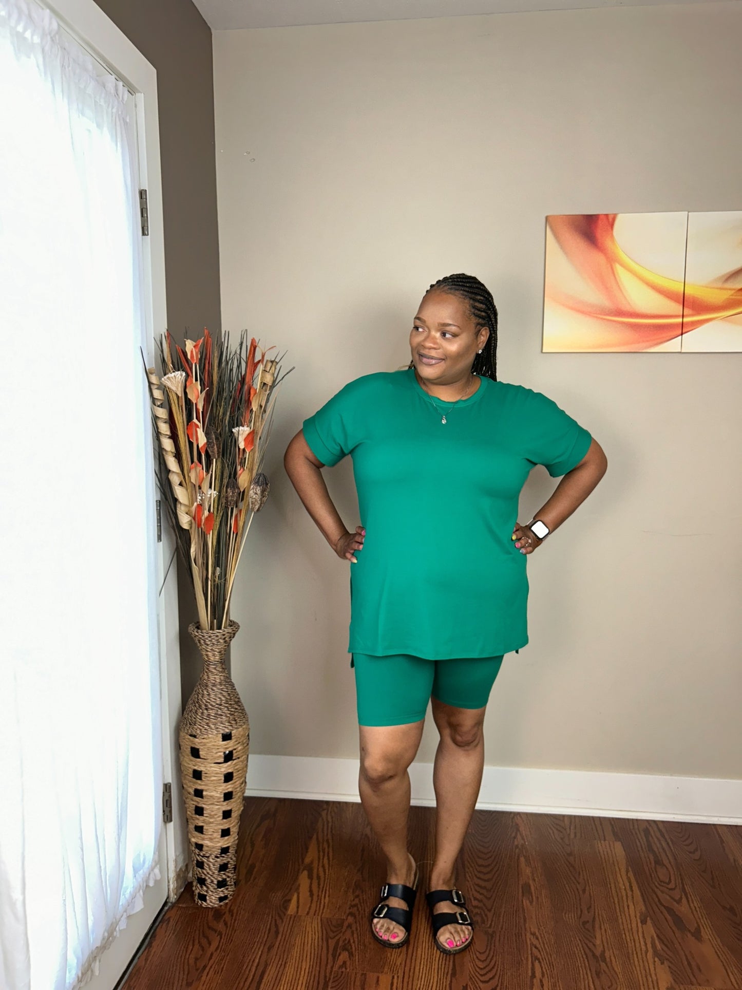 NOT SO BASIC 2 PIECE BIKER SHORT SET CREW NECK KELLY GREEN